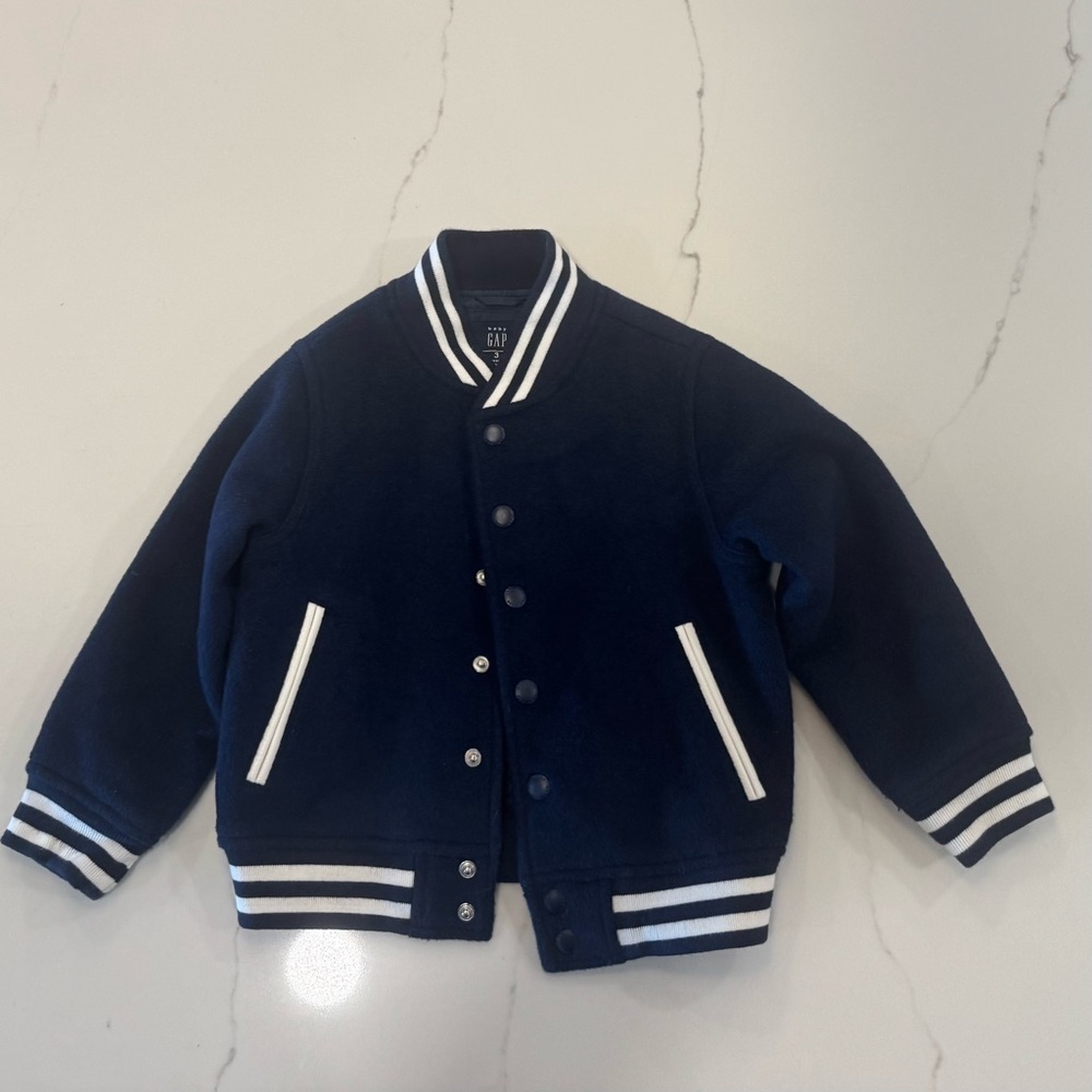 GAP Kids Dark Blue Varsity Jacket with White Stripes